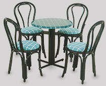 View Dining Set G - Marine Chairs with Black Webbing and arms around a multi pillars table
